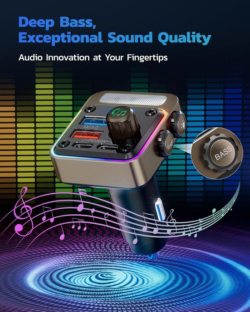 nulaxy 54W Bluetooth 5.3 Car Adapter with 4 Charging Ports [PD 36W & QC3.0 18W], Wireless Radio FM Transmitter with Deep Bass Player & 5 Colors LED Backlit, Hands-Free Calling - Gold - Image 3